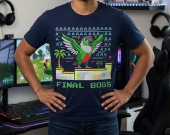 Koszulka z pikselowo-zielonym policzkiem i nerdem: „Final Boss” Gaming Bird Tee