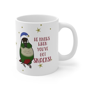 Snack Green Cheeked Conure Mug, Parrot Ceramic Mug 11oz, Funny Birb Mug for Conure owner, Birb Merch, Parrot Christmas Mug