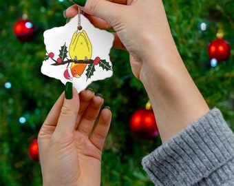 Yellow Lovebird Ceramic Ornament, Parrot Christmas Ornament, Cute peach faced lutino Lovebird xmas decoration