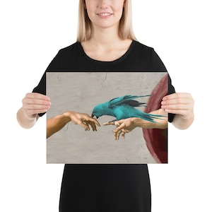 Michelangelo Blue Indian Ringneck Poster, Creation of a Birb Art, Parrot owner gift idea, Bird lover home decor