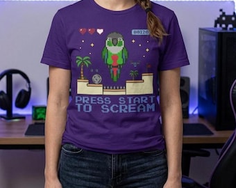 Zabawna koszulka z zielonym policzkiem i nerdem: „Naciśnij Start, aby krzyczeć” Gaming Bird Tee