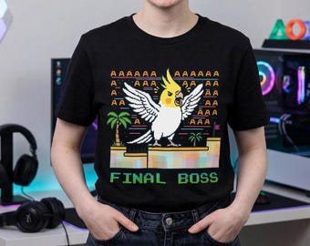 Koszulka Pixel Lutino Cockatiel Nerd: „Final Boss” Gaming Bird Tee
