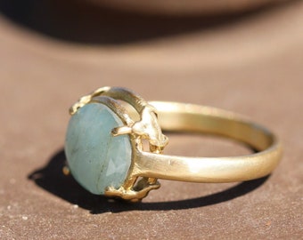 14k Yellow Gold Aquamarine Ring, Handmade Rough Natural Stone