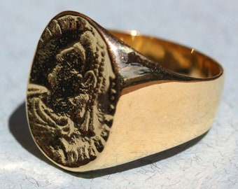 Stamped Roman Coin Signet Ring in 14k Yellow Gold