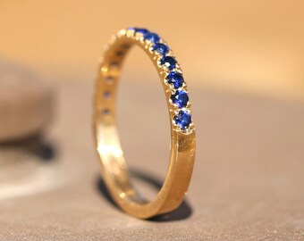 14k Yellow Gold Blue Sapphire Half Eternity Pave Ring