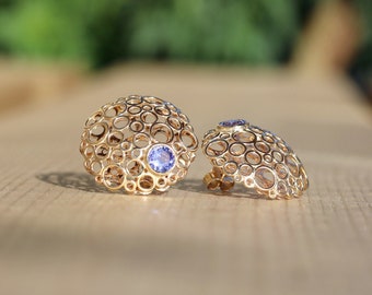 14k Solid Gold Blue Tanzanite Dome Shape Stud Earrings