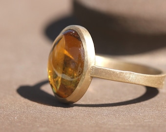 14K Solid Gold Honey Tourmaline Cabochon Ring