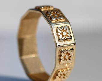 14k Solid Gold Textured Floral Wide Band Ring