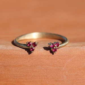 May include: A gold ring with two triangular clusters of three ruby red gemstones.