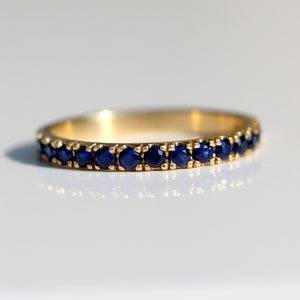 14k Yellow Gold Blue Sapphire Half Eternity Pave Ring image 9