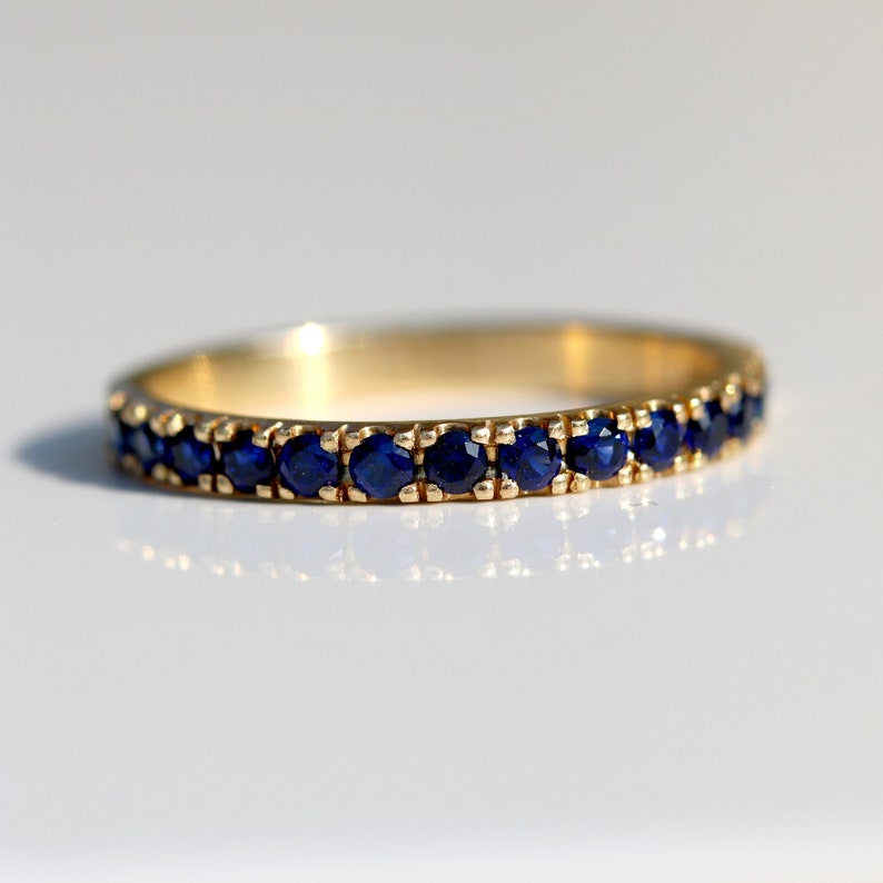 14k Yellow Gold Blue Sapphire Half Eternity Pave Ring image 9