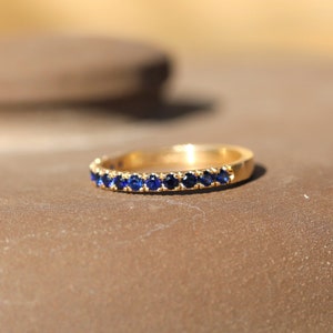 14k Yellow Gold Blue Sapphire Half Eternity Pave Ring image 8