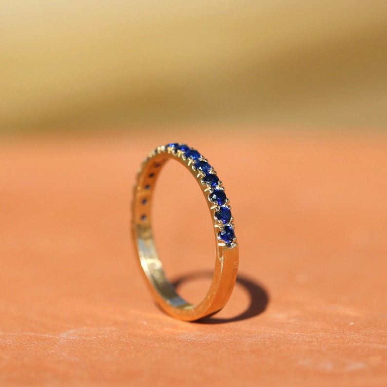 14k Yellow Gold Blue Sapphire Half Eternity Pave Ring image 5