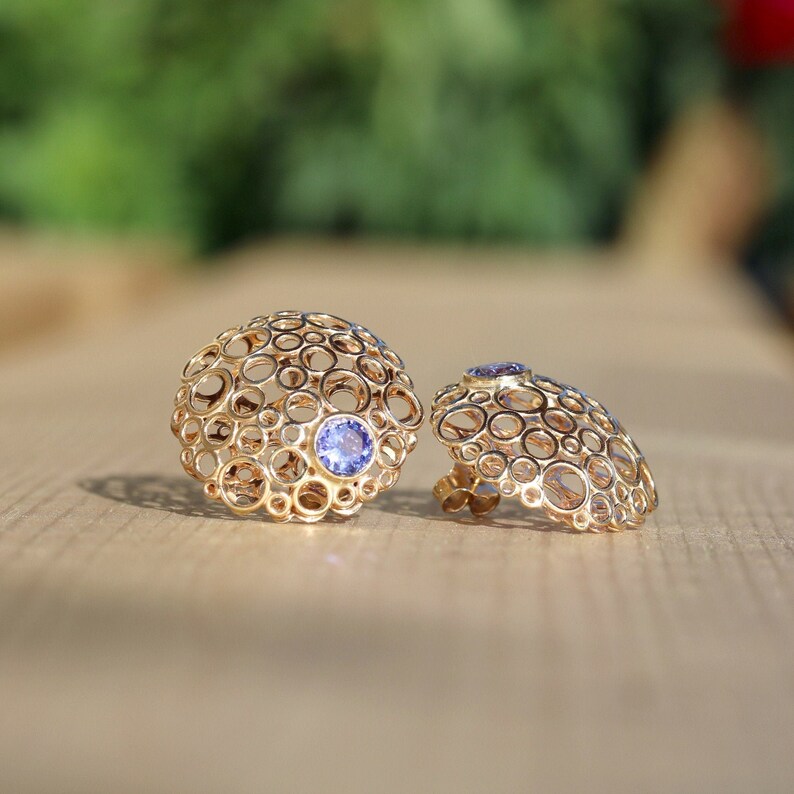 14k Solid Gold Blue Tanzanite Dome Shape Stud Earrings image 1