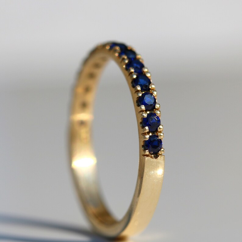 14k Yellow Gold Blue Sapphire Half Eternity Pave Ring image 3