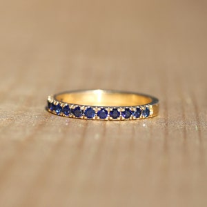 14k Yellow Gold Blue Sapphire Half Eternity Pave Ring image 7