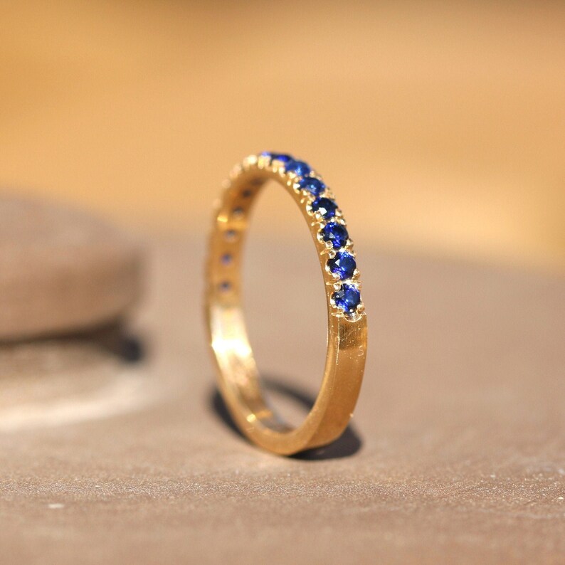 14k Yellow Gold Blue Sapphire Half Eternity Pave Ring image 1