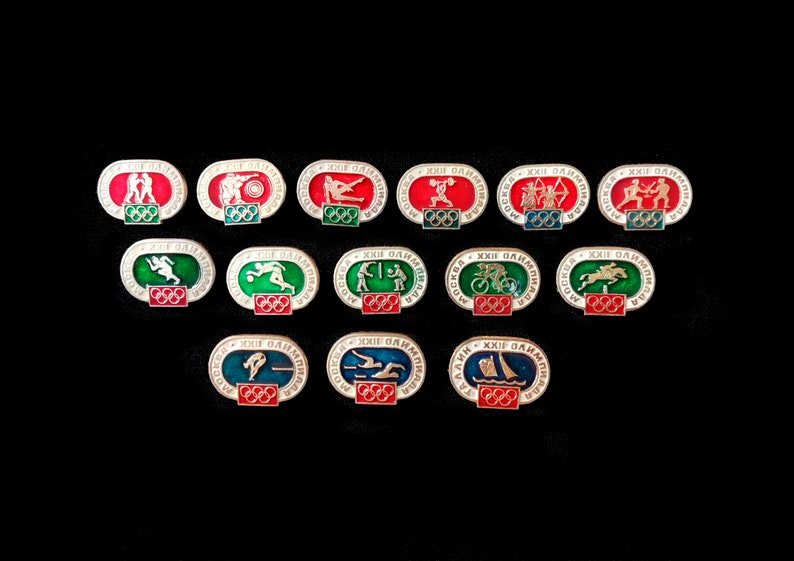 set sports badges USSR sports badges Olympic games badges Olympics pin Moscow Olympics badges Olympics 80 sports icons set Olympic badges