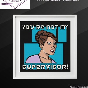 May include: Cross-stitch pattern featuring a pixelated image of a woman with brown hair and a purple shirt. The text "YOU'RE NOT MY SUPERVISOR!" is written in white letters on a blue background.