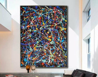 Large abstract painting Large painting Extra large painting,Black yellow art Painting,Jackson pollock style,Original Abstract Painting SN144