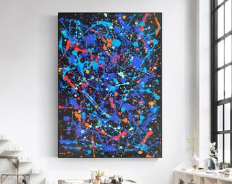 大きな黒い抽象画、ドリップペインティングの青いキャンバスアート