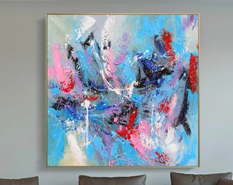 Puede incluir: Pintura abstracta con trazos audaces de pintura azul, rosa, roja y negra. La pintura tiene una superficie texturizada y un estilo moderno.
