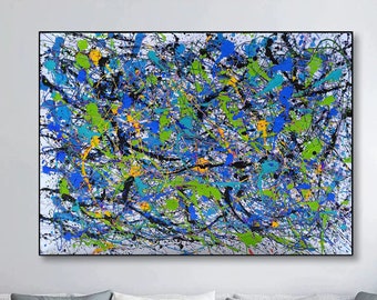 May include: Abstract painting with a white background and splashes of blue, green, black, and yellow paint.