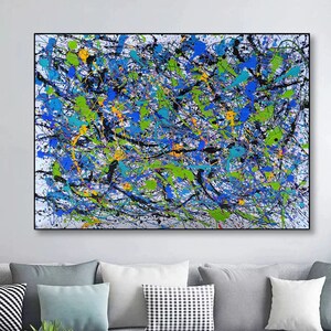 May include: Abstract painting with a white background and splashes of blue, green, black, and yellow paint.