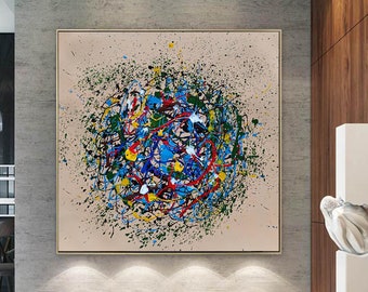 Abstract Oil Painting Jackson pollock style Painting Large Square Painting modern canvas art, Original Round Painting Abstract SN284