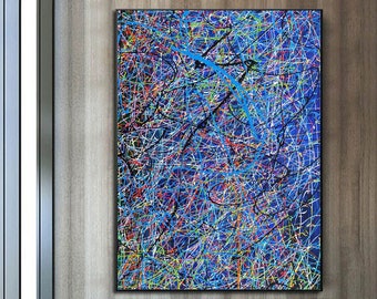 Pollock Style Painting, Modern Oversized Wall Art Blue Abstract Art Painting Large Original Oil Painting Of Neutral Interior Decor Art SN277