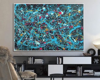 abstract modern art, splatter painting, Large Blue Canvas Wall Art, large oil painting, jackson pollock style art, décor art on Canvas SN234