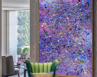 Jackson Pollock Style, Large Wall Art, Purple Oil Painting, Abstract Painting Canvas Giclée, Splatter Drip Purple abstract painting, SN280