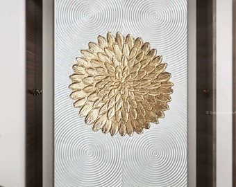 White Painting, Gold And White Painting, White Textured Painting, Large White Painting, Large Oil Painting, Large Framed Wall Art SC556