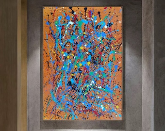 May include: Abstract painting with a bright orange background and colorful splashes of blue, green, red, yellow, and black paint.