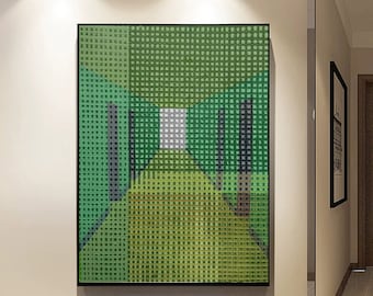 Large Geometric Abstract Painting: Green Yellow Black Bold Line Textured Canvas Wall Art SN468