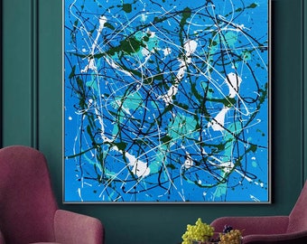 Large Oil Painting, Blue Oil Painting, Modern abstract painting, Large Abstract Painting, blue jackson pollock style painting SN345