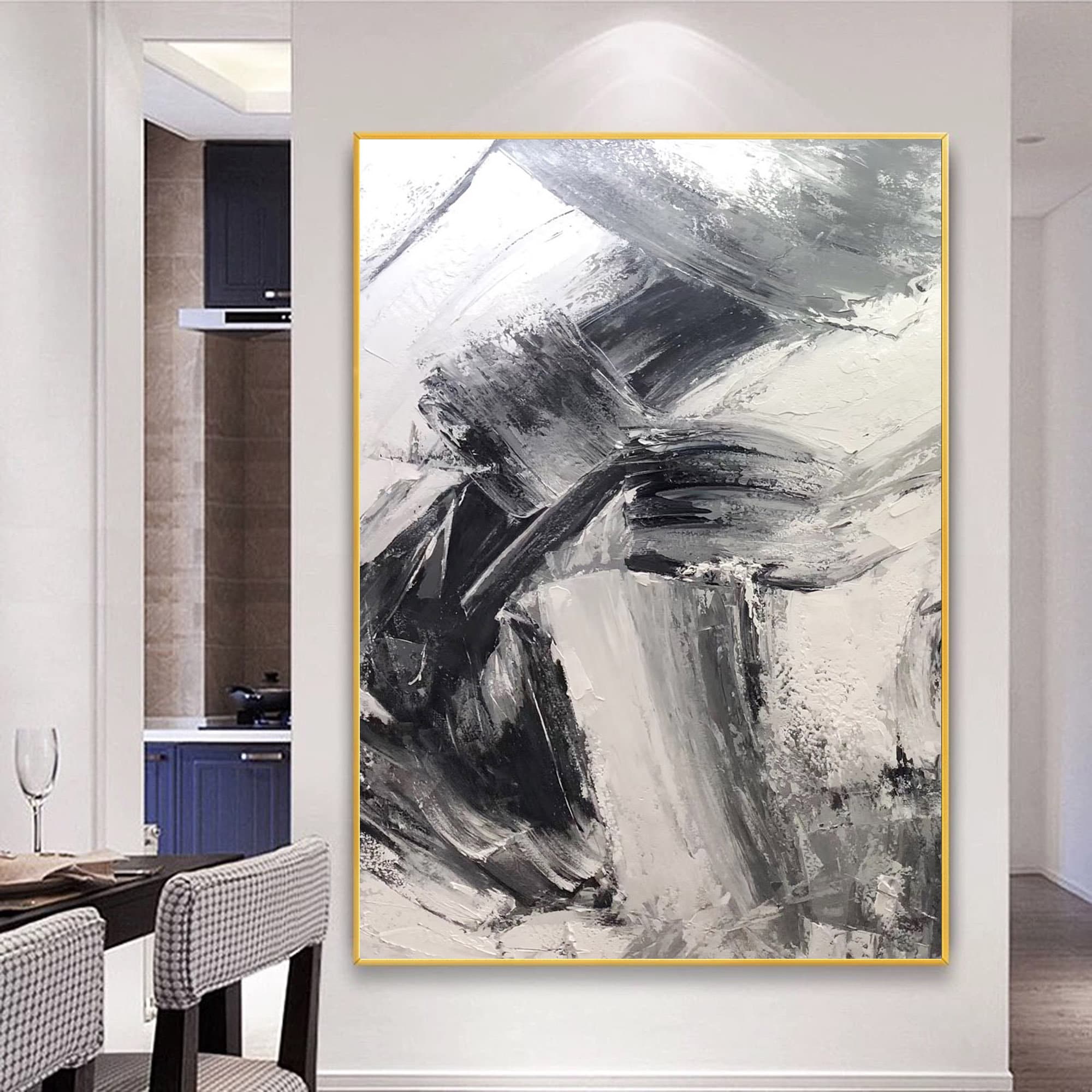 白黒絵画、特大オリジナル抽象アート大型抽象絵画、リビングルーム抽象