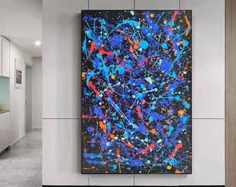 Large Black Abstract Painting, Drip painting Blue Canvas Artwork, Expressionism art, Jackson pollock style,Pollock art, Pollock Style SN135