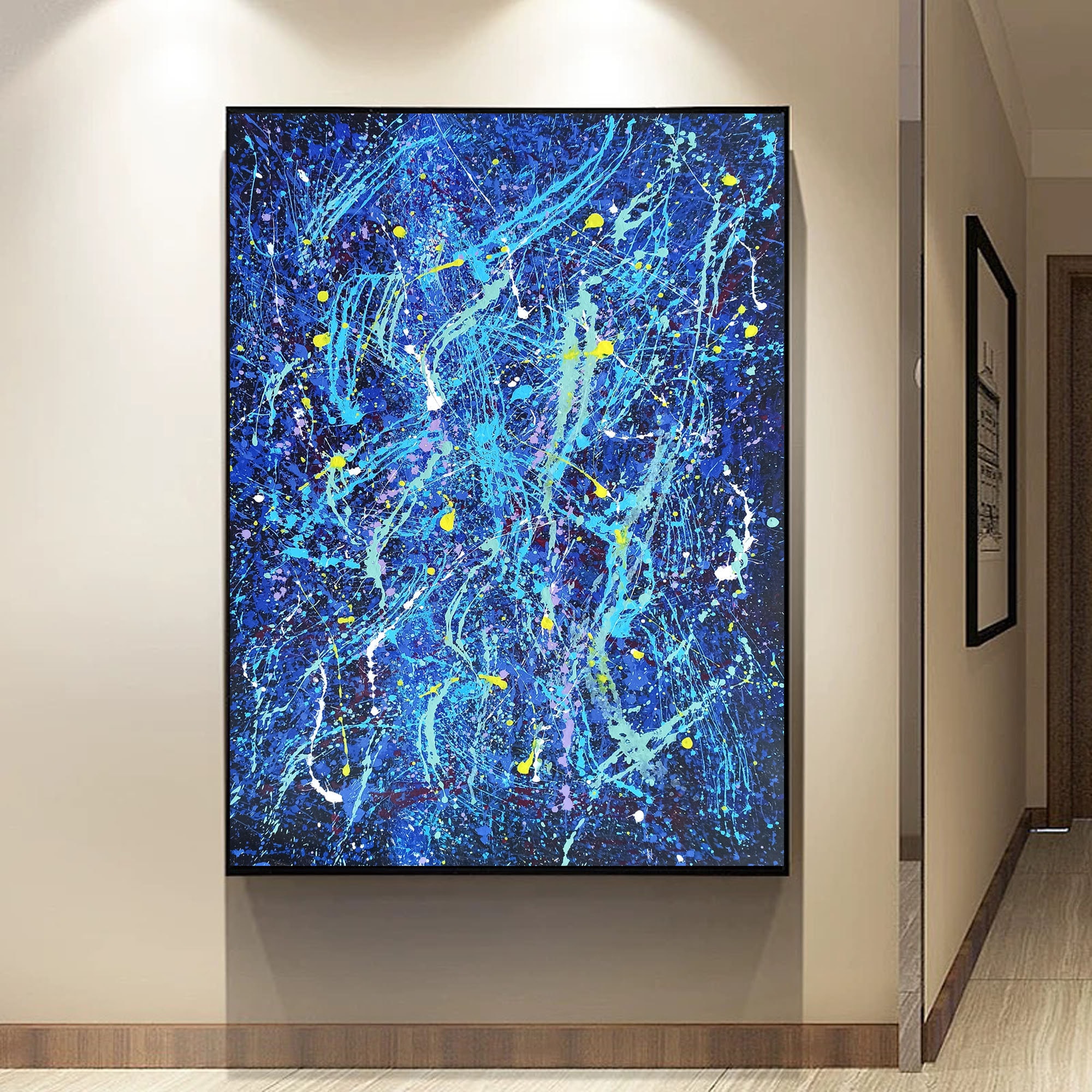Large Blue Abstract Oil Painting on Canvas, Modern Splatter Wall Art ...