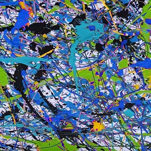 May include: Abstract painting with a white background and splashes of black, blue, green, and yellow paint.