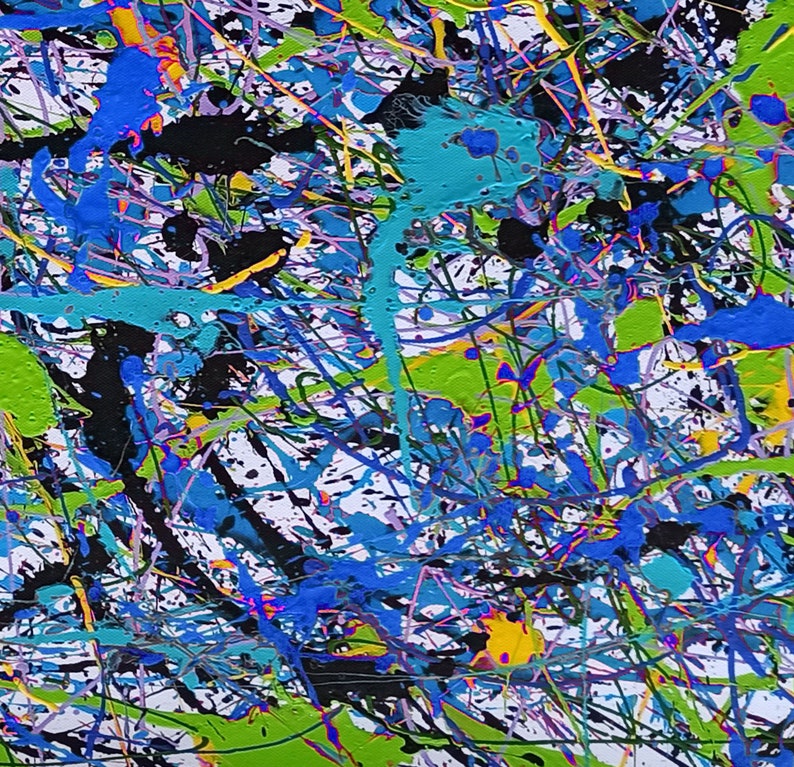 May include: Abstract painting with a white background and splashes of black, blue, green, and yellow paint.