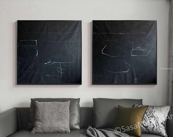 Set of 2 Black Abstract Painting Black canvas art Black Minimalist Wall Art Black Abstract Painting Black Wall Art Black wall decor S577