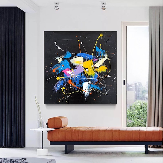 Large Square Abstract Oil Painting on Canvas, Original Black Wall Art for Living Room, Colorful Modern Decor, Hand Painted Art SN285