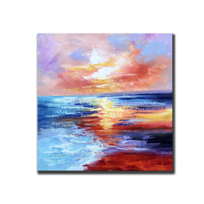 Abstract painting of a seascape with a sunset. The sky is a mix of pink, orange, and yellow. The sea is blue and green with white waves. The sun is setting in the distance, casting a golden glow on the water.