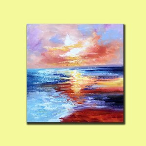 Abstract painting of a seascape with a sunset over the ocean. The sky is a mix of pink, orange, and yellow, with white clouds. The ocean is a deep blue, with white waves crashing on the shore. The painting is done in a loose, impressionistic style.