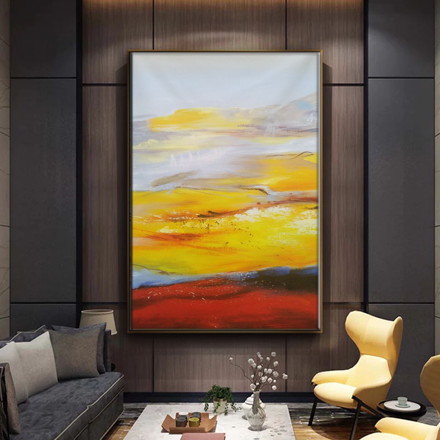 Oversize Painting Yellow Abstract Painting Yellow and White Etsy