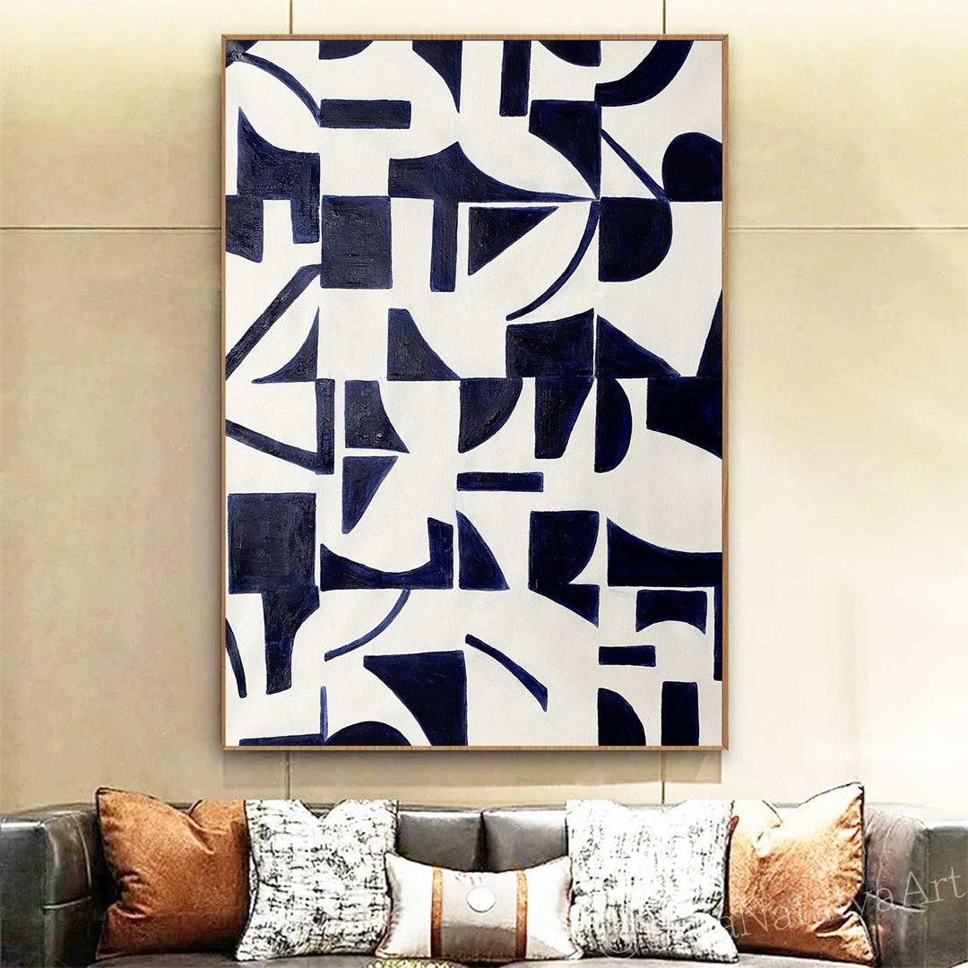 Lare Abstract Painting - Minimalist Blue & White Canvas Wall Art SN528 ...