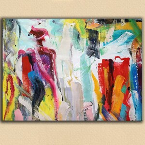Abstract painting with colorful brushstrokes in shades of red, pink, yellow, blue, green, and black on a white background.