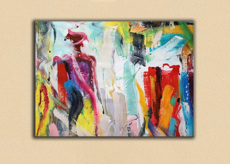 Abstract painting with colorful brushstrokes in shades of red, pink, yellow, blue, green, and black on a white background.