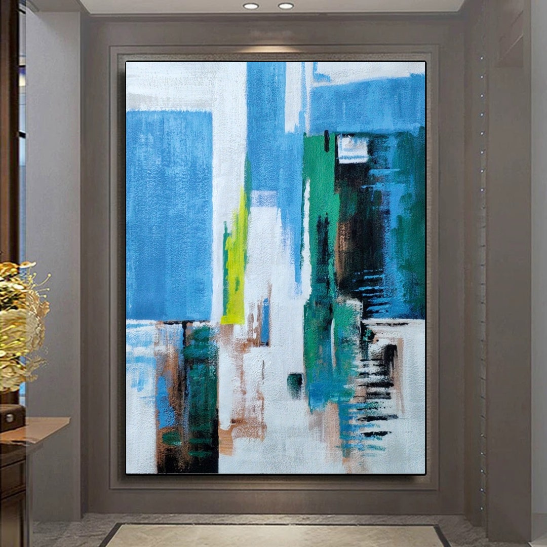 Light Blue Textured Abstract Oil Painting, Large Modern Canvas Wall Art ...